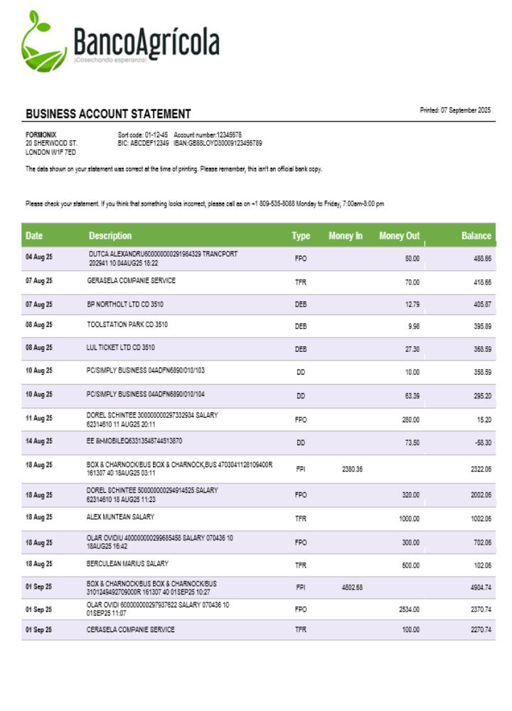 Modèle Word et PDF de relevé de compte professionnel de Banco Agricola